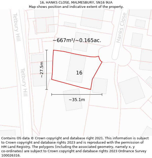 16, HANKS CLOSE, MALMESBURY, SN16 9UA: Plot and title map