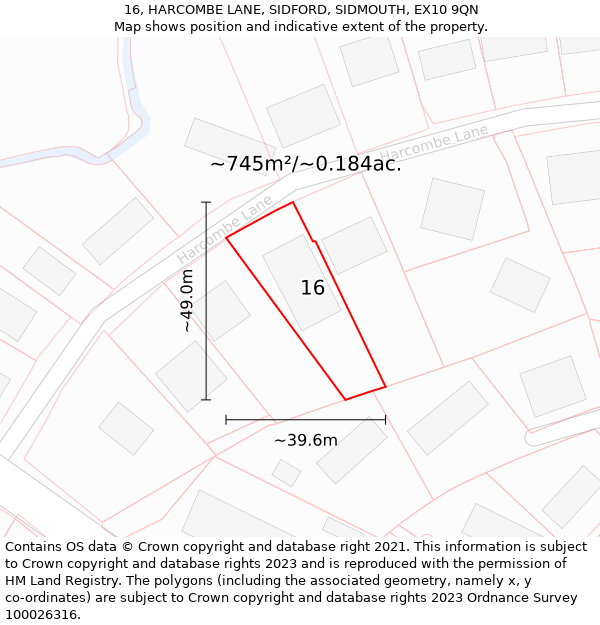 16, HARCOMBE LANE, SIDFORD, SIDMOUTH, EX10 9QN: Plot and title map