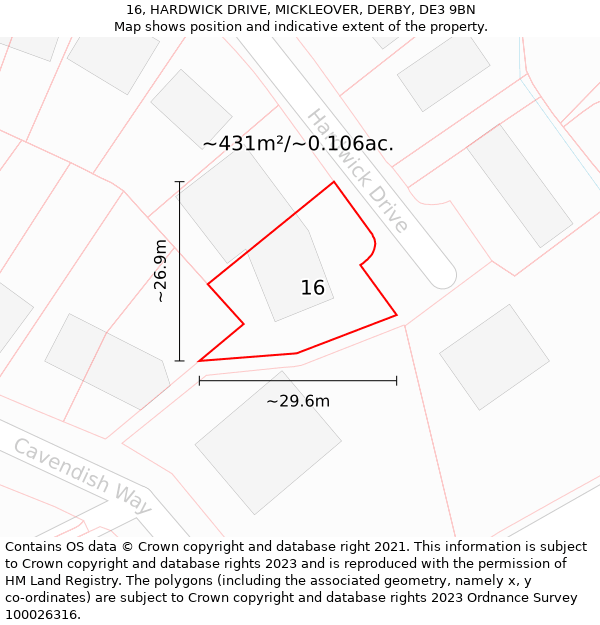 16, HARDWICK DRIVE, MICKLEOVER, DERBY, DE3 9BN: Plot and title map