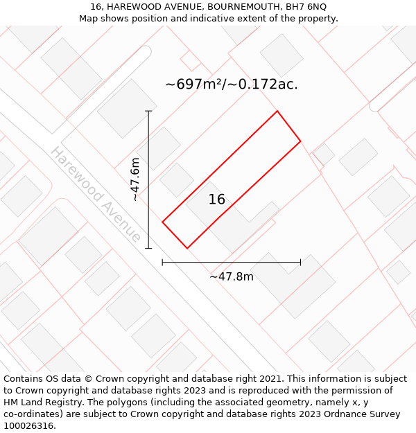 16, HAREWOOD AVENUE, BOURNEMOUTH, BH7 6NQ: Plot and title map