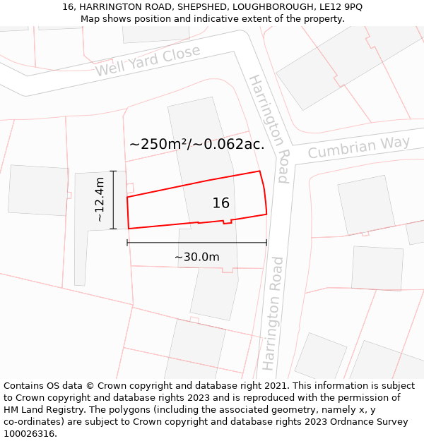 16, HARRINGTON ROAD, SHEPSHED, LOUGHBOROUGH, LE12 9PQ: Plot and title map