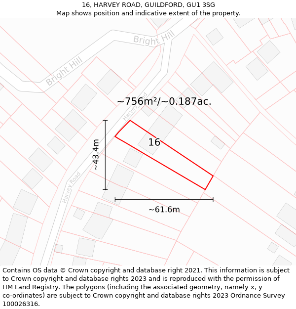 16, HARVEY ROAD, GUILDFORD, GU1 3SG: Plot and title map