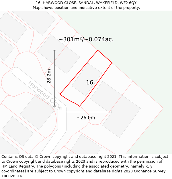 16, HARWOOD CLOSE, SANDAL, WAKEFIELD, WF2 6QY: Plot and title map