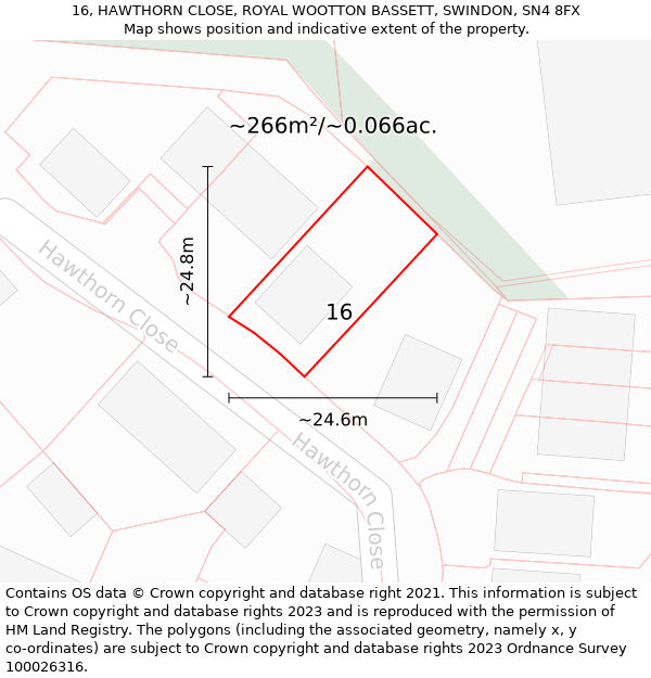 16, HAWTHORN CLOSE, ROYAL WOOTTON BASSETT, SWINDON, SN4 8FX: Plot and title map