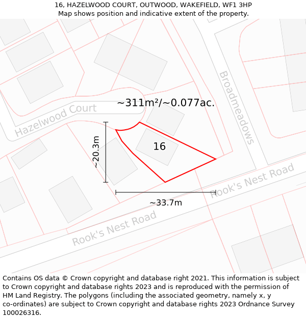 16, HAZELWOOD COURT, OUTWOOD, WAKEFIELD, WF1 3HP: Plot and title map