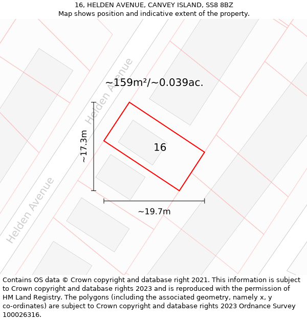 16, HELDEN AVENUE, CANVEY ISLAND, SS8 8BZ: Plot and title map