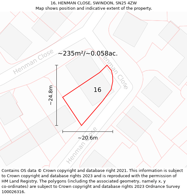 16, HENMAN CLOSE, SWINDON, SN25 4ZW: Plot and title map