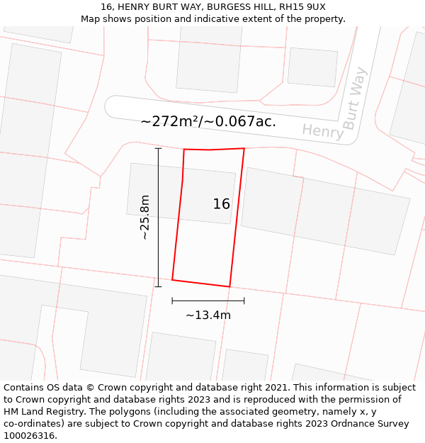 16, HENRY BURT WAY, BURGESS HILL, RH15 9UX: Plot and title map