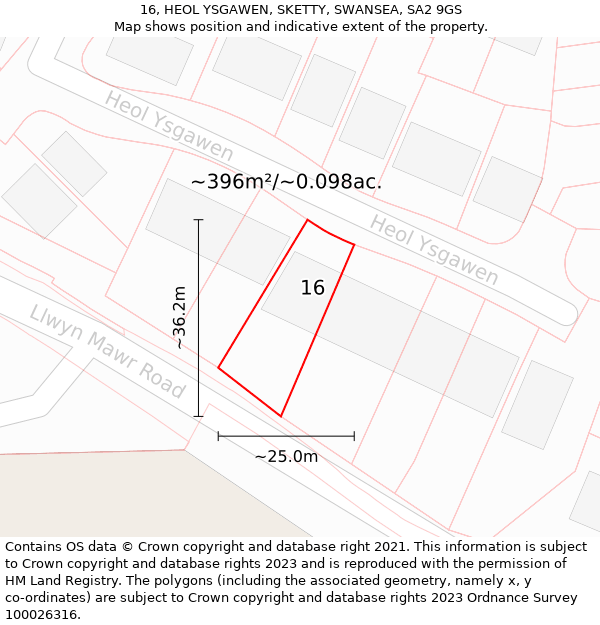 16, HEOL YSGAWEN, SKETTY, SWANSEA, SA2 9GS: Plot and title map