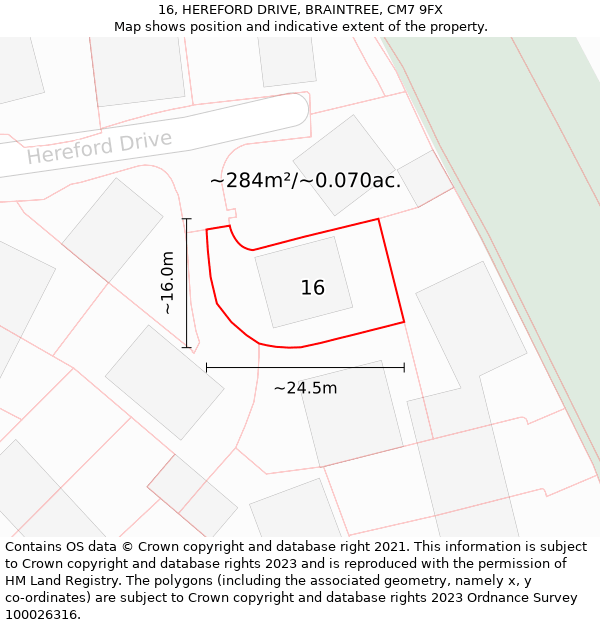 16, HEREFORD DRIVE, BRAINTREE, CM7 9FX: Plot and title map