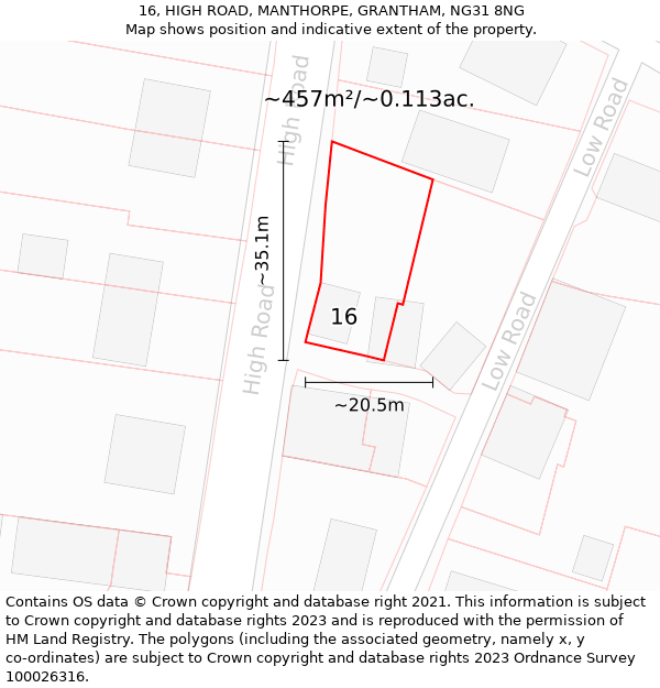 16, HIGH ROAD, MANTHORPE, GRANTHAM, NG31 8NG: Plot and title map