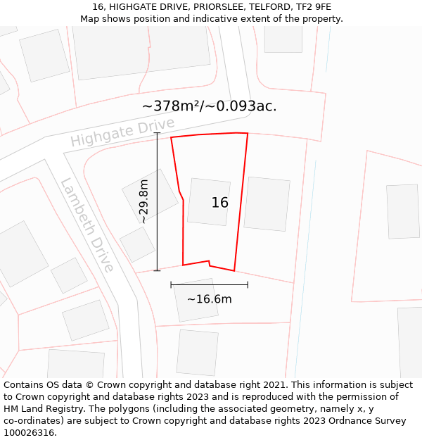 16, HIGHGATE DRIVE, PRIORSLEE, TELFORD, TF2 9FE: Plot and title map
