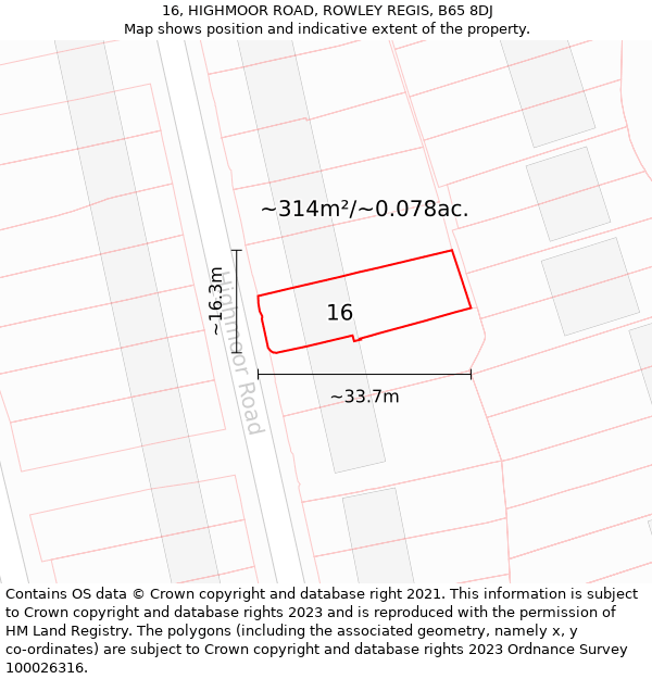 16, HIGHMOOR ROAD, ROWLEY REGIS, B65 8DJ: Plot and title map