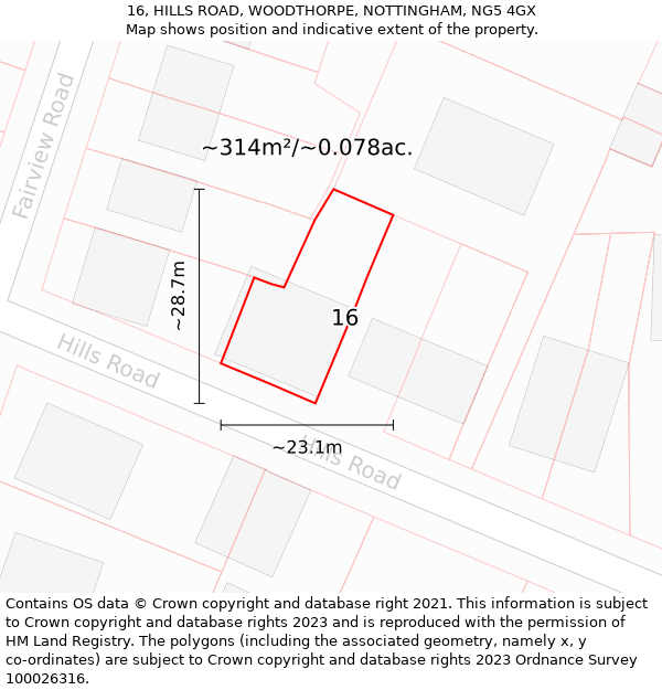 16, HILLS ROAD, WOODTHORPE, NOTTINGHAM, NG5 4GX: Plot and title map