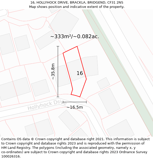 16, HOLLYHOCK DRIVE, BRACKLA, BRIDGEND, CF31 2NS: Plot and title map