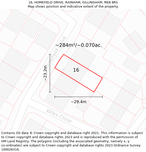 16, HOMEFIELD DRIVE, RAINHAM, GILLINGHAM, ME8 8RS: Plot and title map