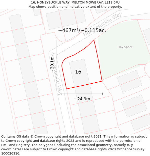 16, HONEYSUCKLE WAY, MELTON MOWBRAY, LE13 0FU: Plot and title map