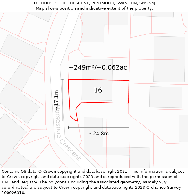 16, HORSESHOE CRESCENT, PEATMOOR, SWINDON, SN5 5AJ: Plot and title map