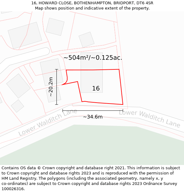 16, HOWARD CLOSE, BOTHENHAMPTON, BRIDPORT, DT6 4SR: Plot and title map