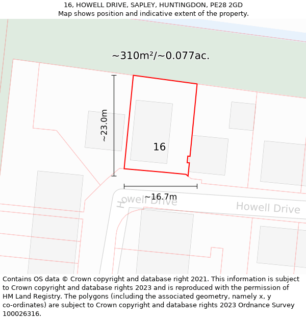 16, HOWELL DRIVE, SAPLEY, HUNTINGDON, PE28 2GD: Plot and title map