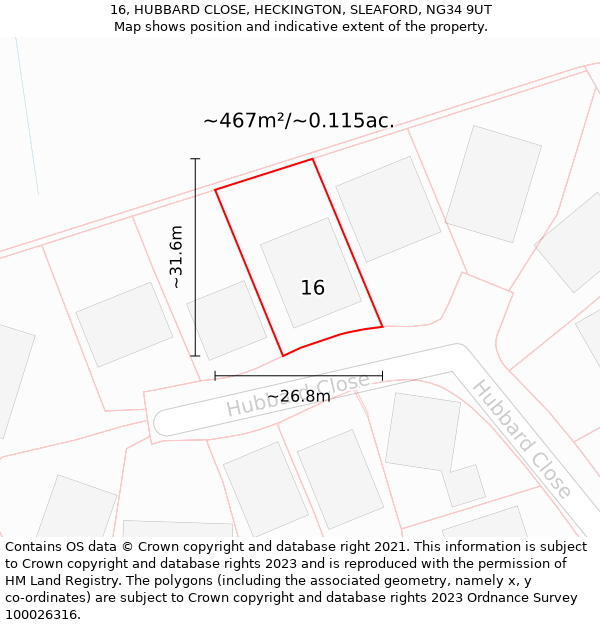 16, HUBBARD CLOSE, HECKINGTON, SLEAFORD, NG34 9UT: Plot and title map