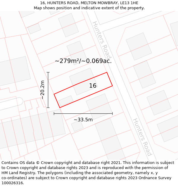 16, HUNTERS ROAD, MELTON MOWBRAY, LE13 1HE: Plot and title map