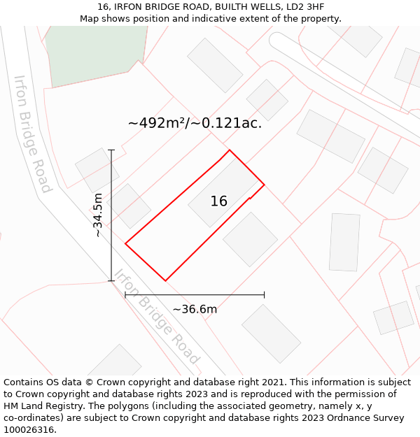 16, IRFON BRIDGE ROAD, BUILTH WELLS, LD2 3HF: Plot and title map