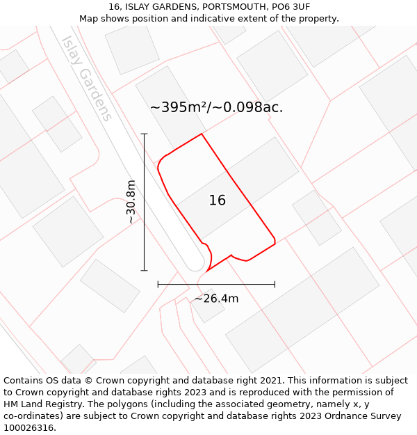 16, ISLAY GARDENS, PORTSMOUTH, PO6 3UF: Plot and title map