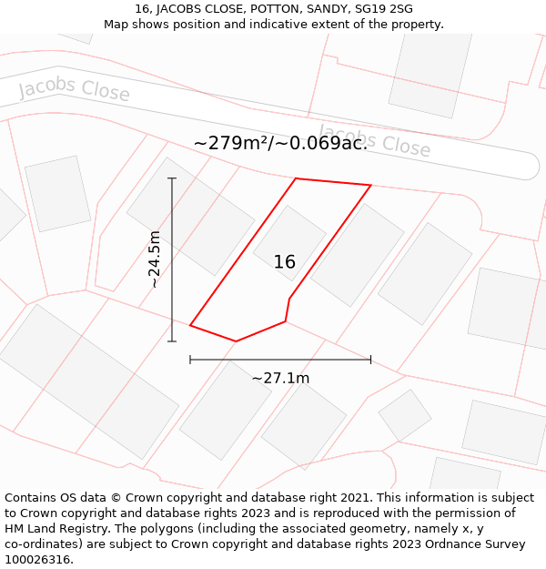 16, JACOBS CLOSE, POTTON, SANDY, SG19 2SG: Plot and title map