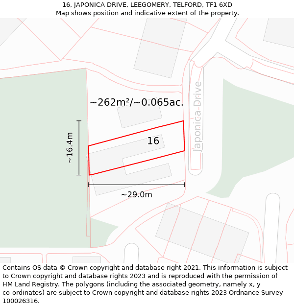 16, JAPONICA DRIVE, LEEGOMERY, TELFORD, TF1 6XD: Plot and title map