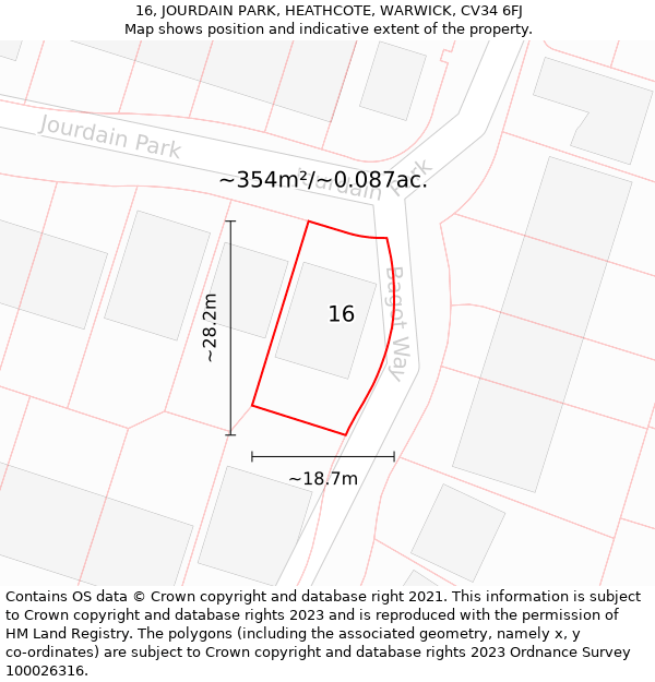 16, JOURDAIN PARK, HEATHCOTE, WARWICK, CV34 6FJ: Plot and title map