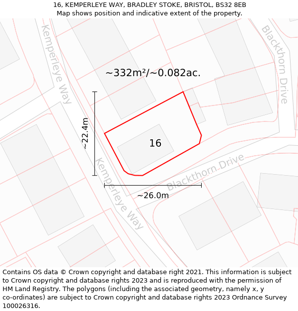 16, KEMPERLEYE WAY, BRADLEY STOKE, BRISTOL, BS32 8EB: Plot and title map