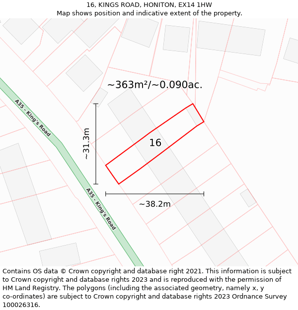 16, KINGS ROAD, HONITON, EX14 1HW: Plot and title map