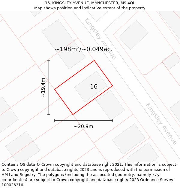 16, KINGSLEY AVENUE, MANCHESTER, M9 4QL: Plot and title map