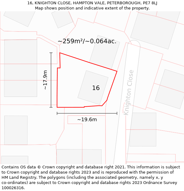 16, KNIGHTON CLOSE, HAMPTON VALE, PETERBOROUGH, PE7 8LJ: Plot and title map