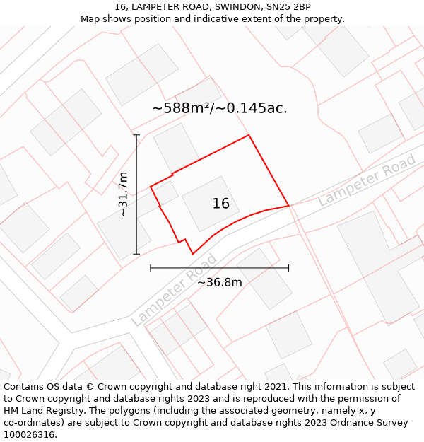 16, LAMPETER ROAD, SWINDON, SN25 2BP: Plot and title map