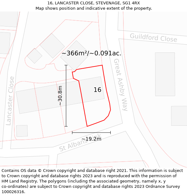 16, LANCASTER CLOSE, STEVENAGE, SG1 4RX: Plot and title map