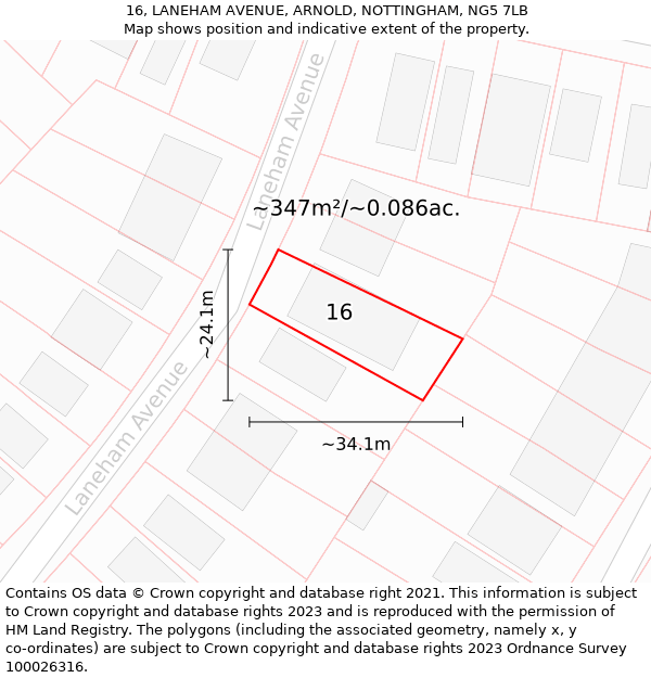 16, LANEHAM AVENUE, ARNOLD, NOTTINGHAM, NG5 7LB: Plot and title map