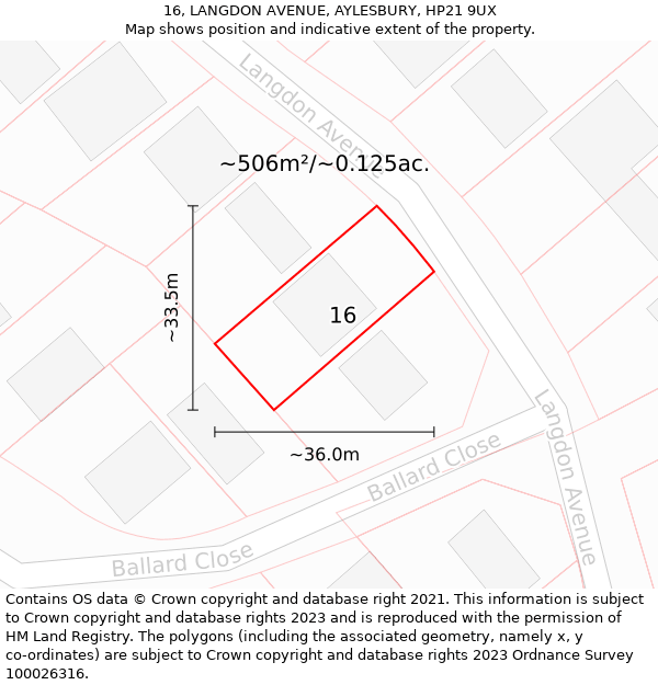 16, LANGDON AVENUE, AYLESBURY, HP21 9UX: Plot and title map