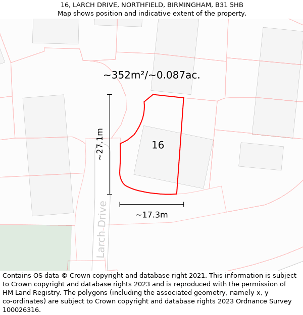 16, LARCH DRIVE, NORTHFIELD, BIRMINGHAM, B31 5HB: Plot and title map