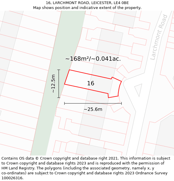 16, LARCHMONT ROAD, LEICESTER, LE4 0BE: Plot and title map