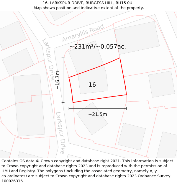 16, LARKSPUR DRIVE, BURGESS HILL, RH15 0UL: Plot and title map