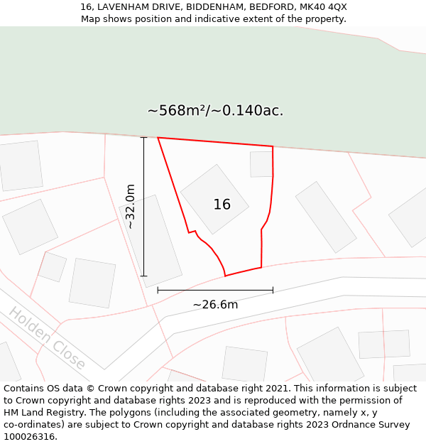 16, LAVENHAM DRIVE, BIDDENHAM, BEDFORD, MK40 4QX: Plot and title map