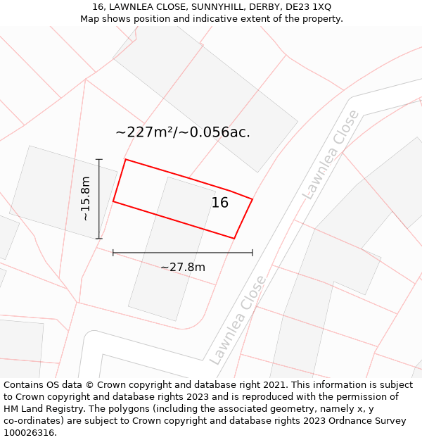 16, LAWNLEA CLOSE, SUNNYHILL, DERBY, DE23 1XQ: Plot and title map