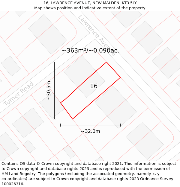 16, LAWRENCE AVENUE, NEW MALDEN, KT3 5LY: Plot and title map