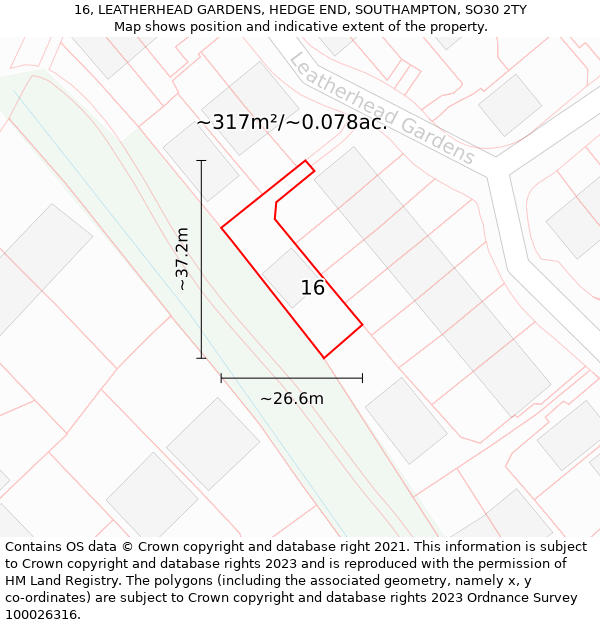 16, LEATHERHEAD GARDENS, HEDGE END, SOUTHAMPTON, SO30 2TY: Plot and title map