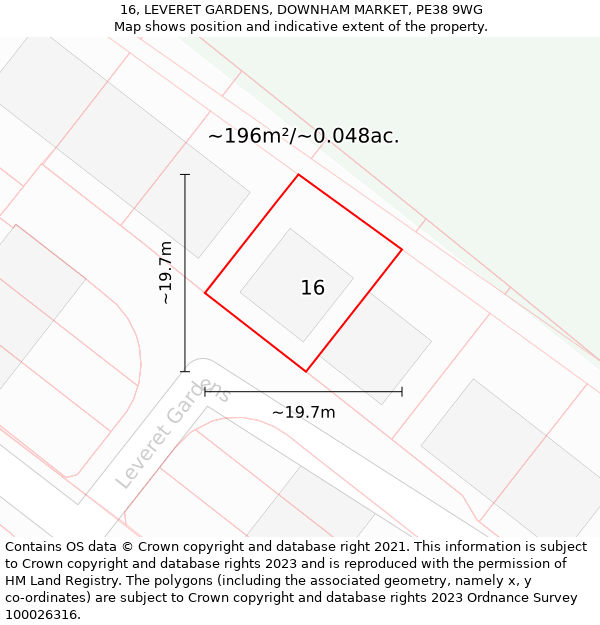 16, LEVERET GARDENS, DOWNHAM MARKET, PE38 9WG: Plot and title map