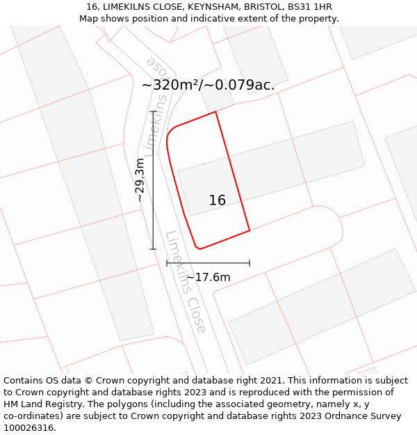 16, LIMEKILNS CLOSE, KEYNSHAM, BRISTOL, BS31 1HR: Plot and title map