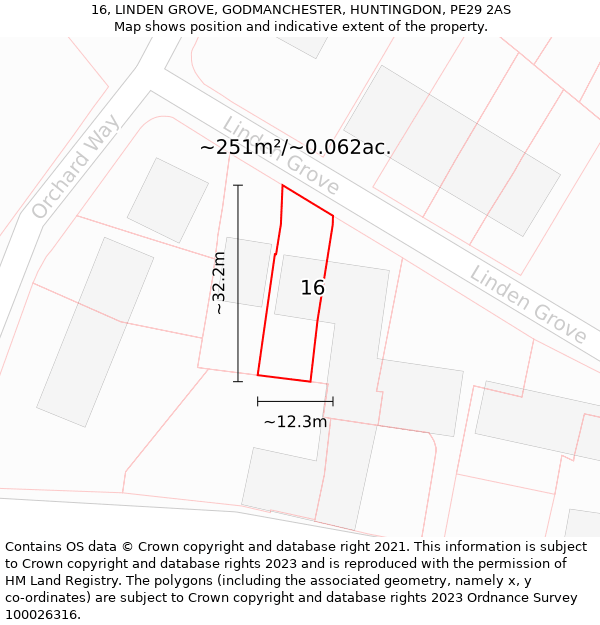 16, LINDEN GROVE, GODMANCHESTER, HUNTINGDON, PE29 2AS: Plot and title map