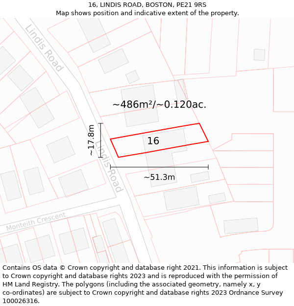 16, LINDIS ROAD, BOSTON, PE21 9RS: Plot and title map